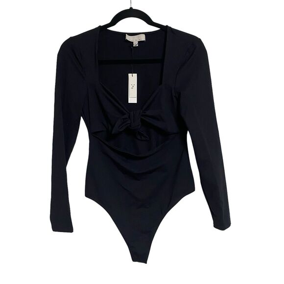 Fleur Du Mal Black Bow Bodysuit Size‎ L NWT Long Sleeve Open Front Tie Closure - Picture 1 of 8